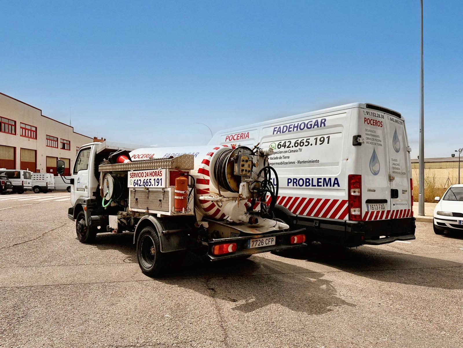 Camión bomba de desatascos en Leganés realizando servicio de pocería y limpieza de tuberías 24 horas